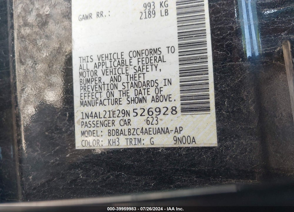 2009 NISSAN ALTIMA 2.5 S VIN: 1N4AL21E29N526928