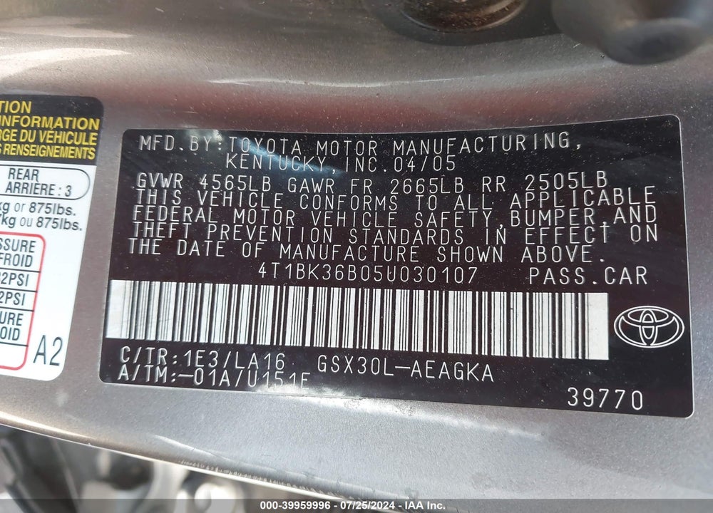 2005 TOYOTA AVALON XLS VIN: 4T1BK36B05U030107