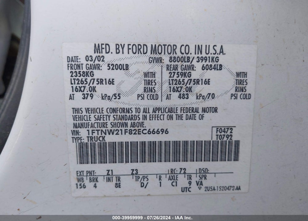 2002 FORD F-250 LARIAT/XL/XLT VIN: 1FTNW21F82EC66696