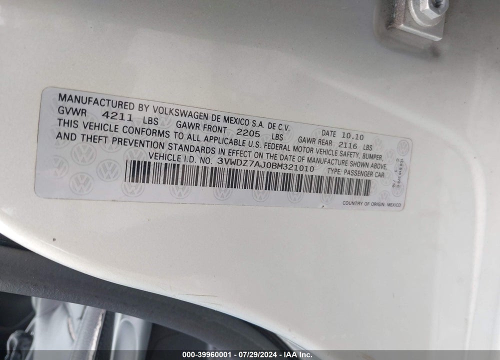 2011 VOLKSWAGEN JETTA 2.5L SE VIN: 3VWDZ7AJ0BM321010