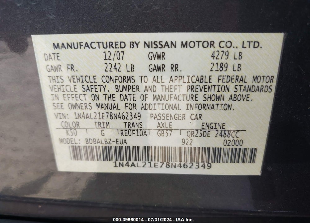 2008 NISSAN ALTIMA VIN: 1N4AL21E78N462349