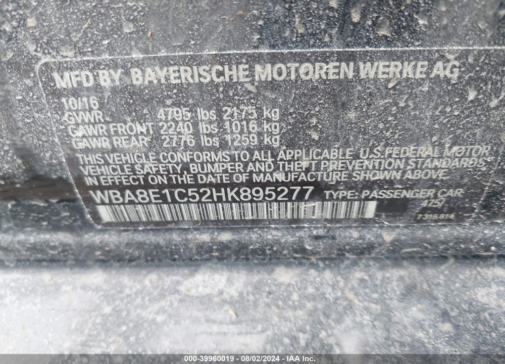 2017 BMW 330E IPERFORMANCE VIN: WBA8E1C52HK895277