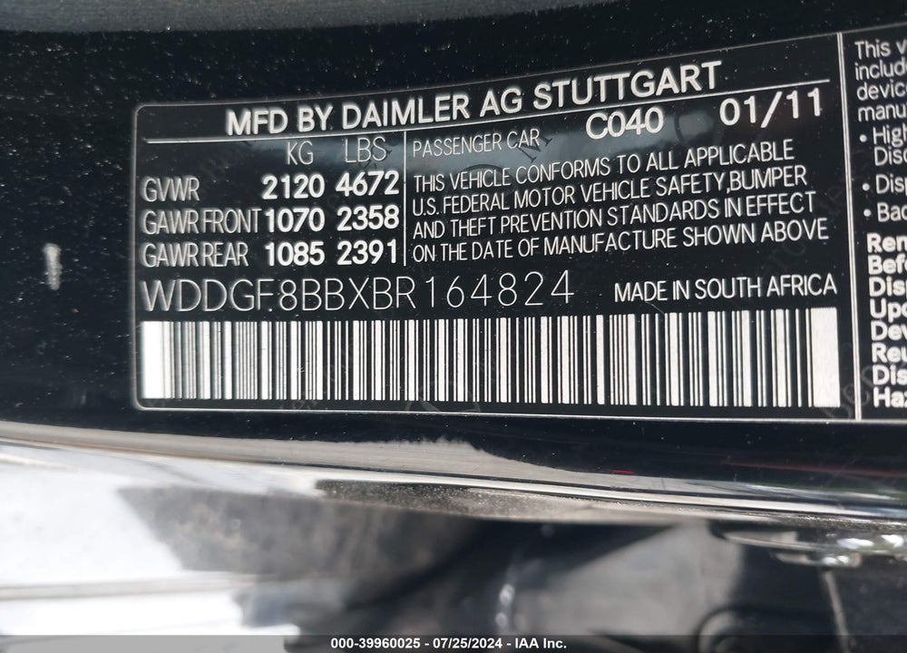 2011 MERCEDES-BENZ C 300 VIN: WDDGF8BBXBR164824