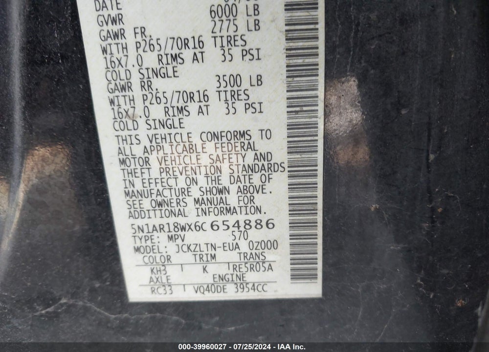 2006 NISSAN PATHFINDER SE VIN: 5N1AR18WX6C654886