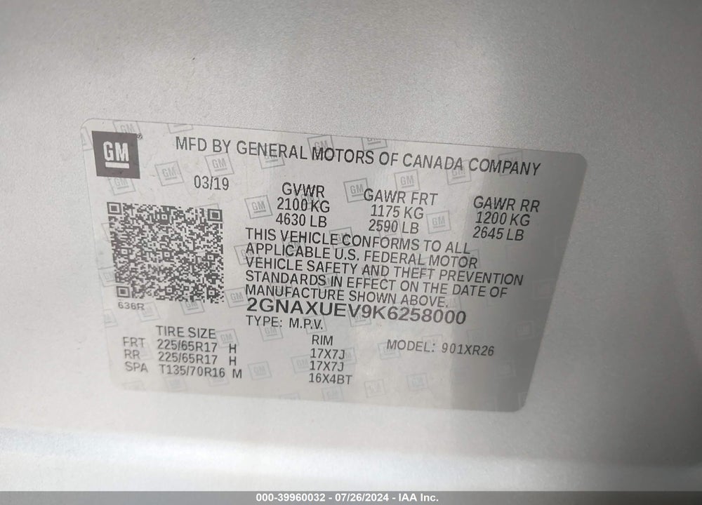 2019 CHEVROLET EQUINOX LT VIN: 2GNAXUEV9K6258000