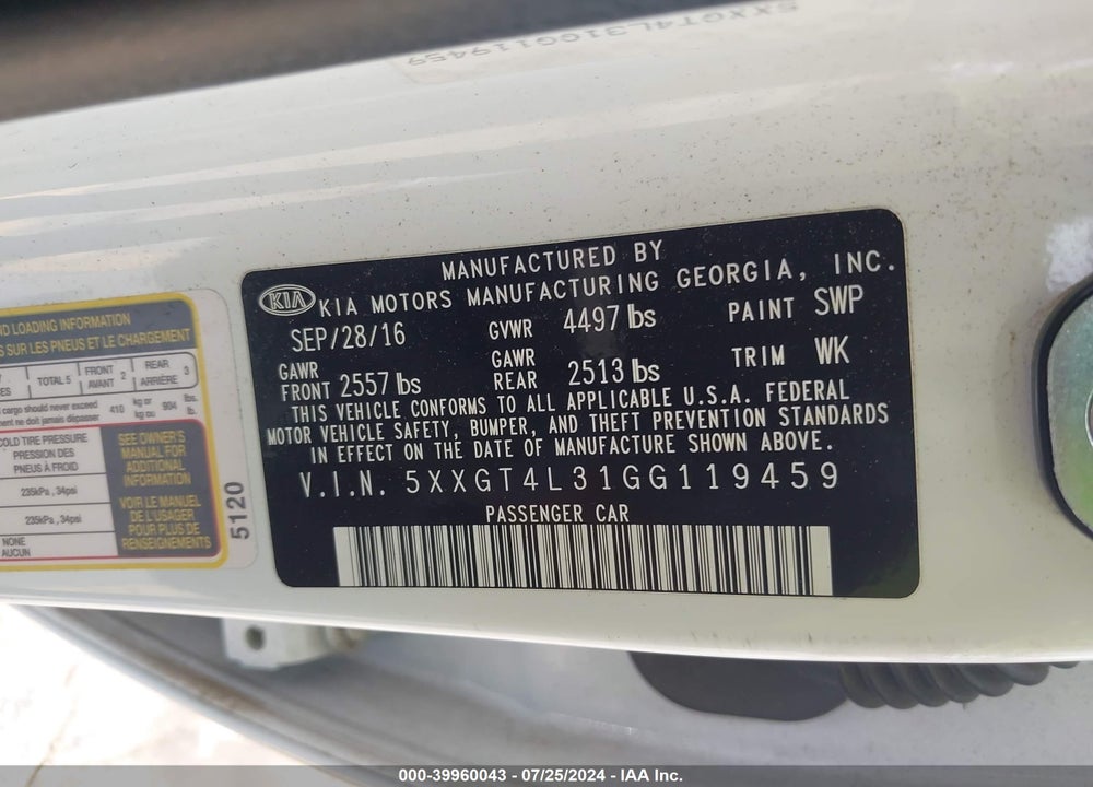 2016 KIA OPTIMA LX VIN: 5XXGT4L31GG119459