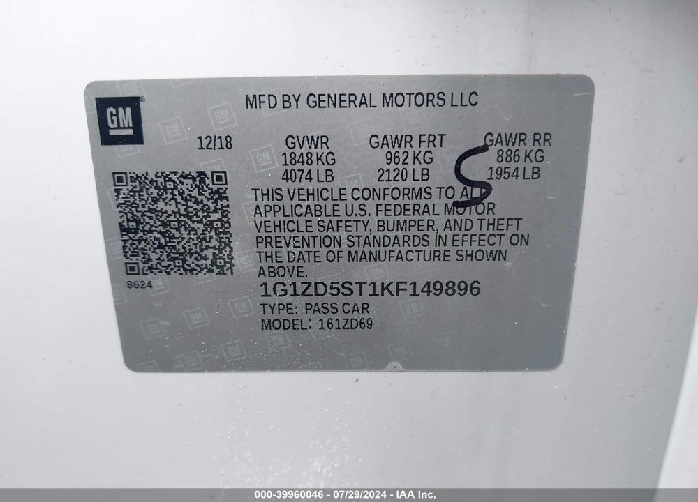 2019 CHEVROLET MALIBU LT VIN: 1G1ZD5ST1KF149896