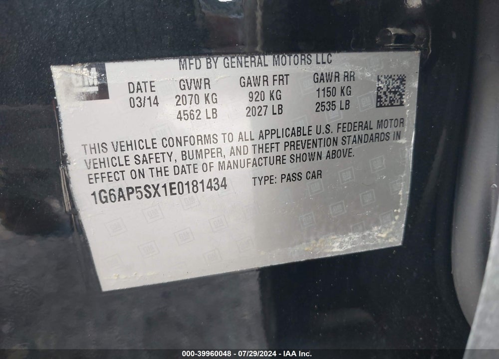 2014 CADILLAC CTS STANDARD VIN: 1G6AP5SX1E0181434