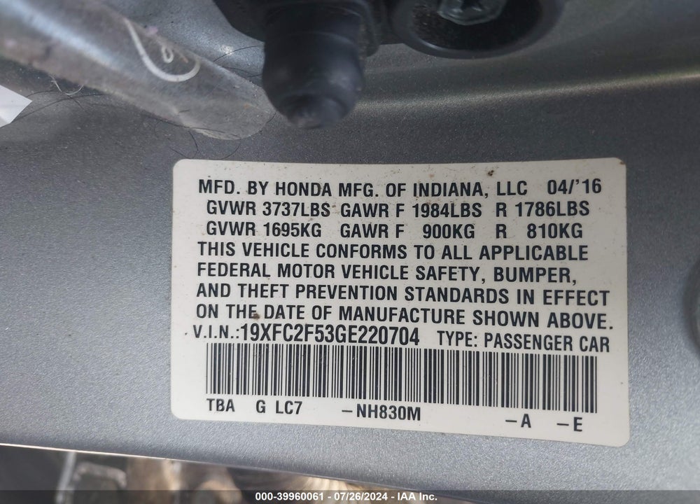2016 HONDA CIVIC LX VIN: 19XFC2F53GE220704