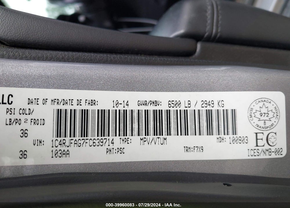 2015 JEEP GRAND CHEROKEE LAREDO VIN: 1C4RJFAG7FC639714