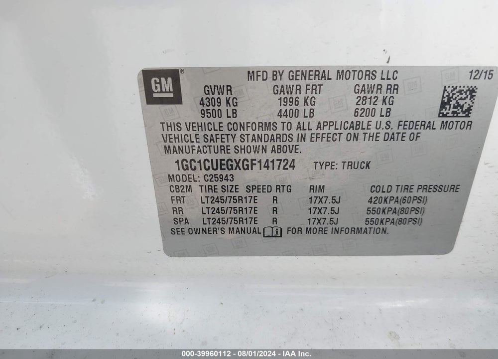 2016 CHEVROLET SILVERADO 2500HD VIN: 1GC1CUEGXGF141724