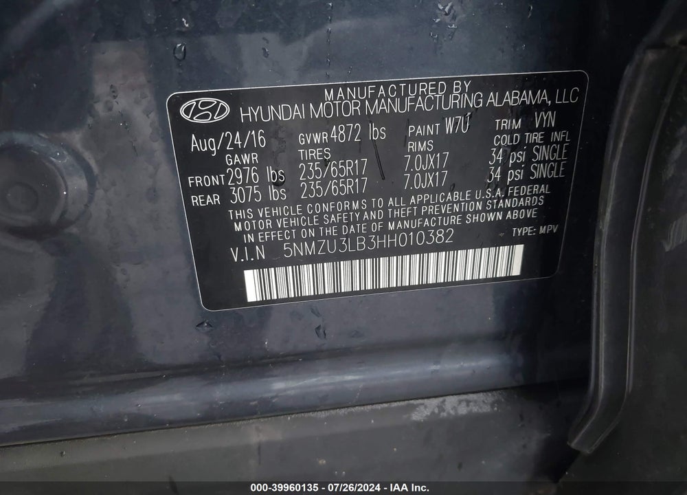 2017 HYUNDAI SANTA FE SPORT 2.4L VIN: 5NMZU3LB3HH010382