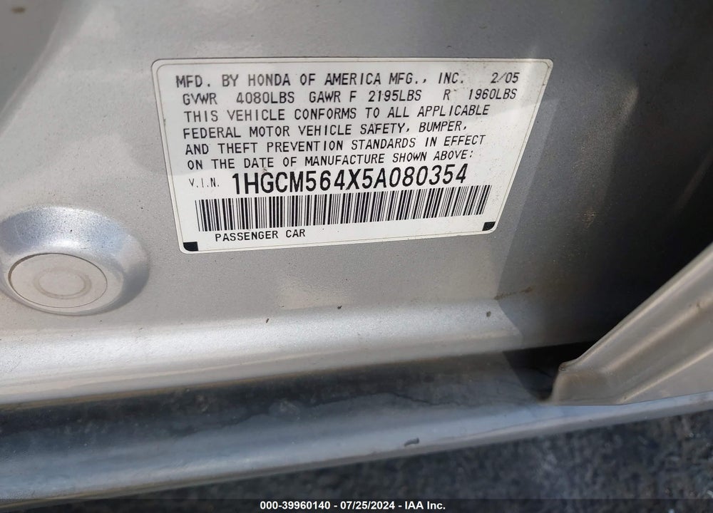 2005 HONDA ACCORD 2.4 LX VIN: 1HGCM564X5A080354