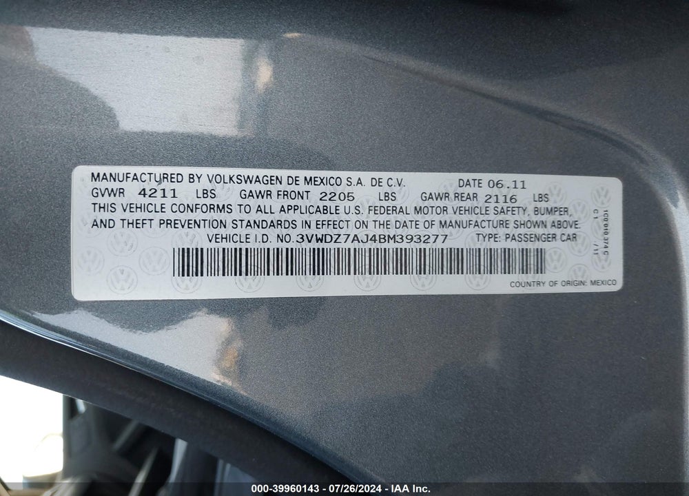 2011 VOLKSWAGEN JETTA 2.5L SE VIN: 3VWDZ7AJ4BM393277
