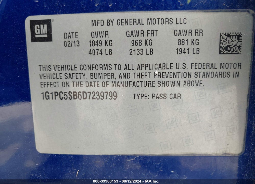 2013 CHEVROLET CRUZE 1LT AUTO VIN: 1G1PC5SB6D7239799