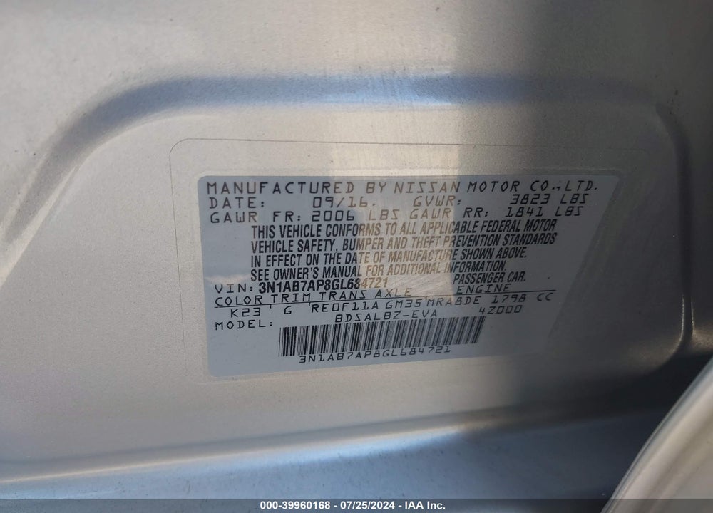 2016 NISSAN SENTRA VIN: 3N1AB7AP8GL684721