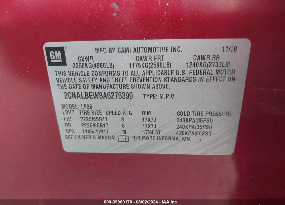 2010 CHEVROLET EQUINOX LS VIN: 2CNALBEW8A6276399