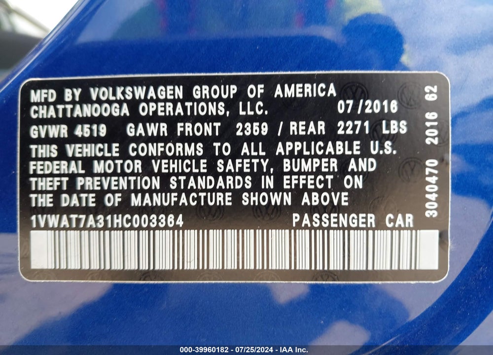 2017 VOLKSWAGEN PASSAT 1.8T S VIN: 1VWAT7A31HC003364