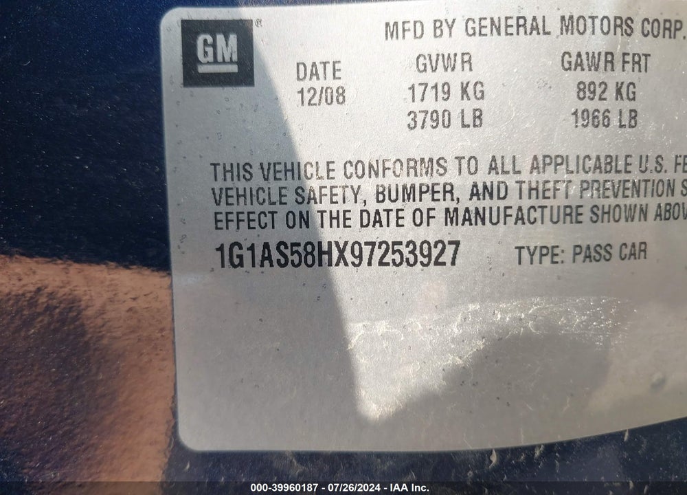 2009 CHEVROLET COBALT LS VIN: 1G1AS58HX97253927