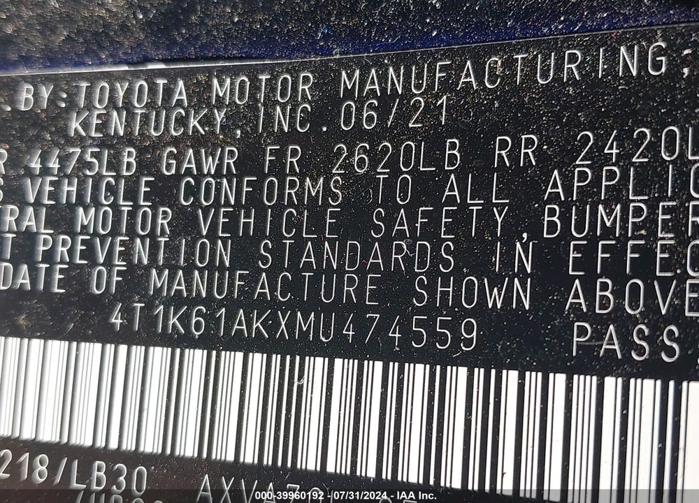 2021 TOYOTA CAMRY VIN: 4T1K61AKXMU474559