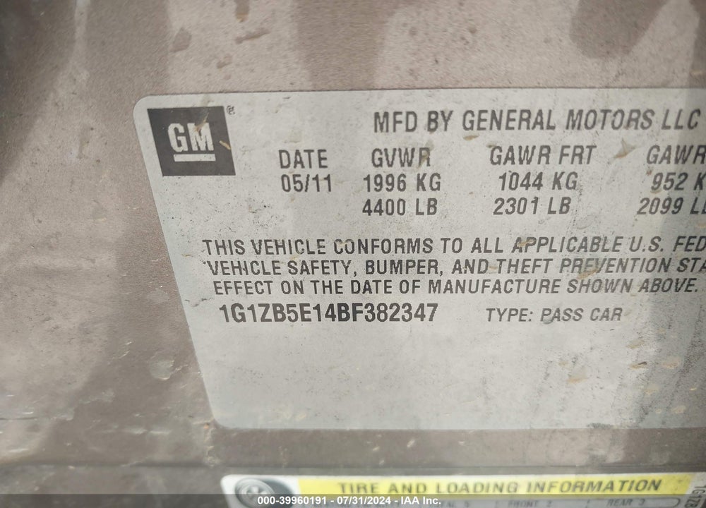 2011 CHEVROLET MALIBU LS VIN: 1G1ZB5E14BF382347