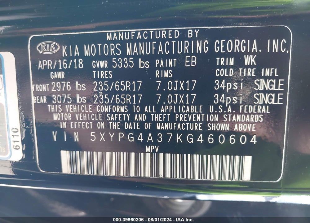 2019 KIA SORENTO 2.4L L VIN: 5XYPG4A37KG460604