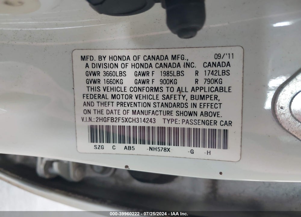 2012 HONDA CIVIC LX VIN: 2HGFB2F5XCH314243