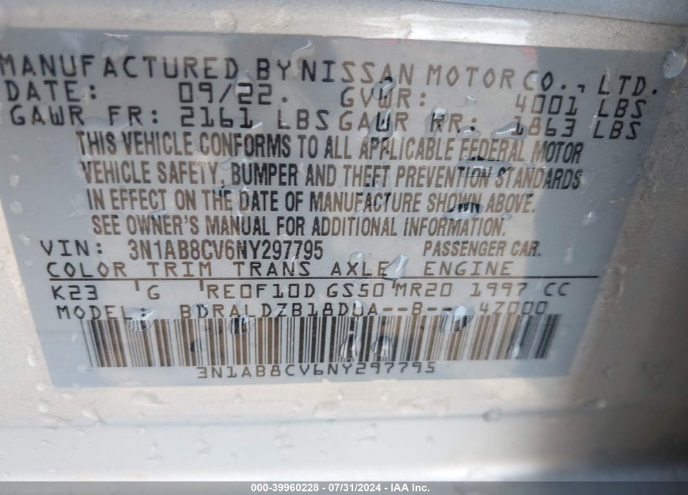 2022 NISSAN SENTRA SV XTRONIC CVT VIN: 3N1AB8CV6NY297795
