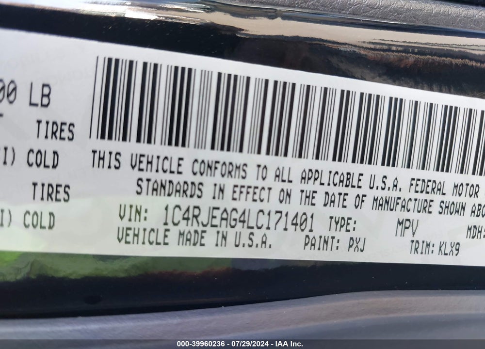 2020 JEEP GRAND CHEROKEE ALTITUDE 4X2 VIN: 1C4RJEAG4LC171401