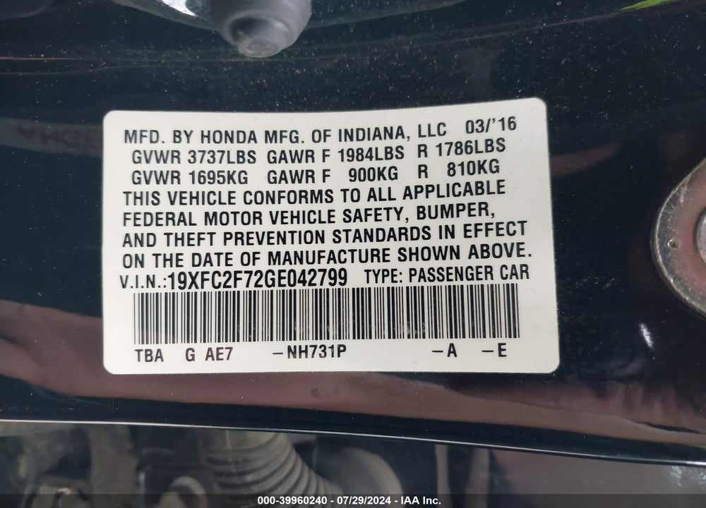 2016 HONDA CIVIC EX VIN: 19XFC2F72GE042799