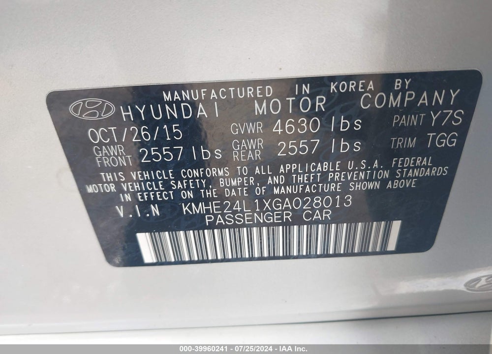 2016 HYUNDAI SONATA HYBRID SE VIN: KMHE24L1XGA028013