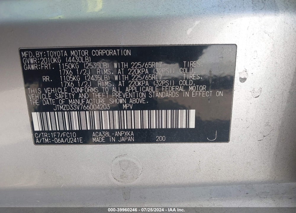 2006 TOYOTA RAV4 VIN: JTMZD33V766004203