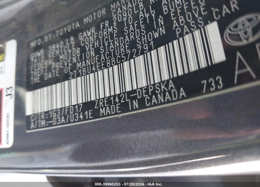 2011 TOYOTA COROLLA VIN: 2T1BU4EE8BC572791