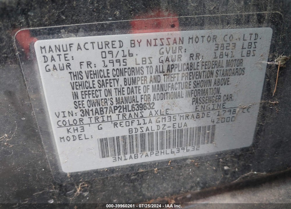 2017 NISSAN SENTRA SV VIN: 3N1AB7AP2HL639632