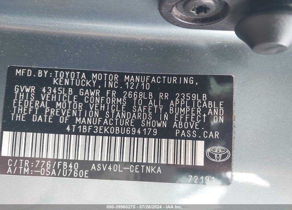 2011 TOYOTA CAMRY LE VIN: 4T1BF3EK0BU694179