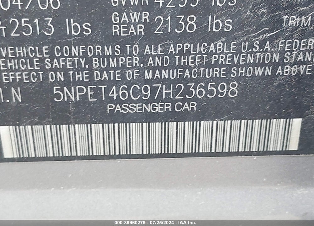2007 HYUNDAI SONATA GLS VIN: 5NPET46C97H236598