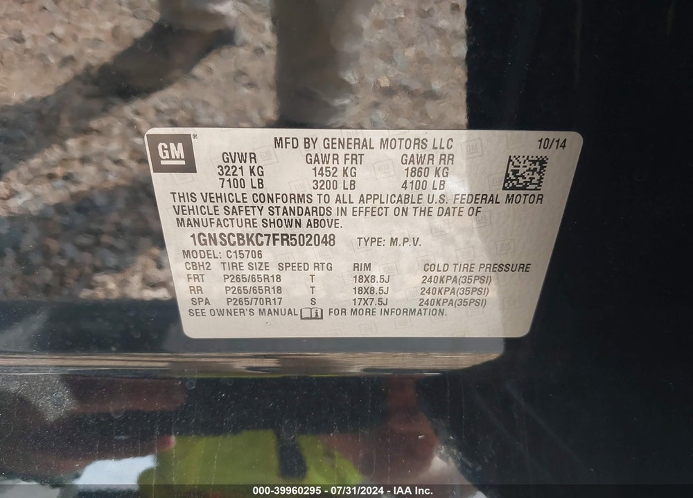 2015 CHEVROLET TAHOE LT VIN: 1GNSCBKC7FR502048