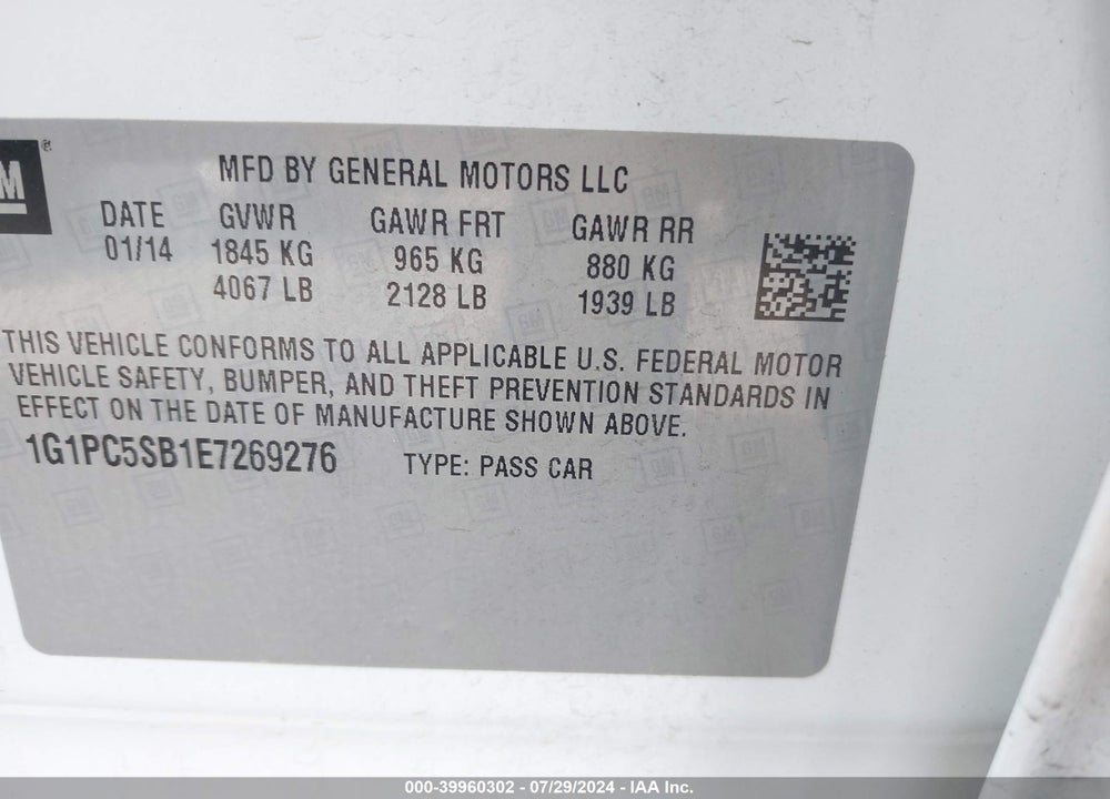 2014 CHEVROLET CRUZE 1LT AUTO VIN: 1G1PC5SB1E7269276