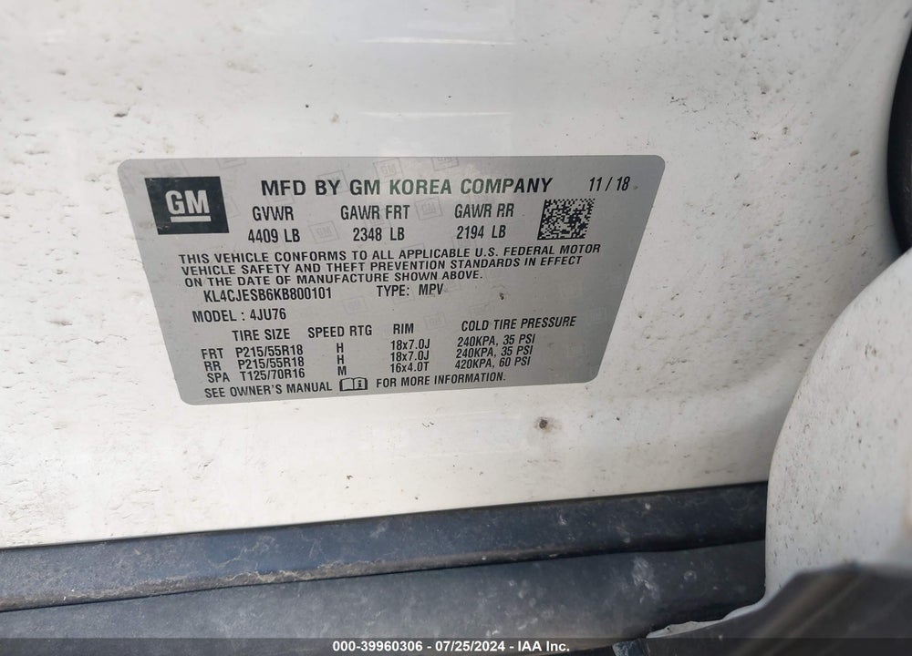 2019 BUICK ENCORE AWD PREFERRED VIN: KL4CJESB6KB800101