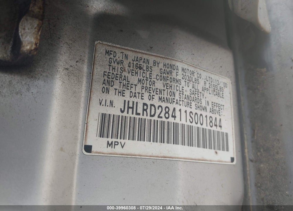 2001 HONDA CR-V LX VIN: JHLRD28411S001844
