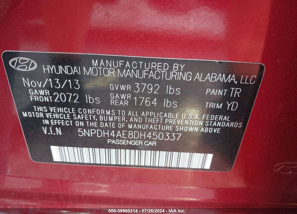 2013 HYUNDAI ELANTRA GLS VIN: 5NPDH4AE8DH450337