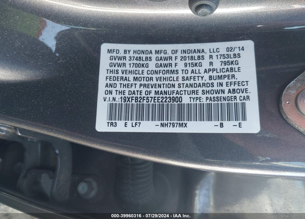 2014 HONDA CIVIC LX VIN: 19XFB2F57EE223900