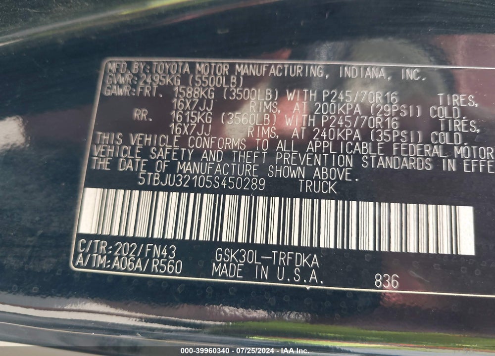 2005 TOYOTA TUNDRA VIN: 5TBJU32105S450289
