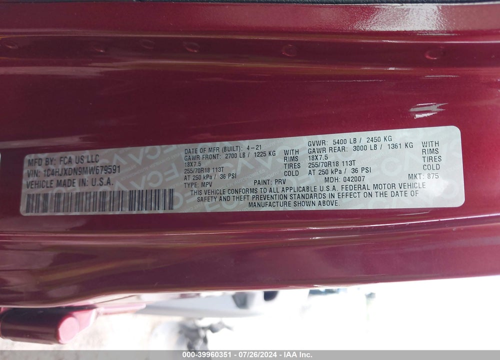 2021 JEEP WRANGLER UNLIMITED SPORT ALTITUDE 4X4 VIN: 1C4HJXDN9MW679591
