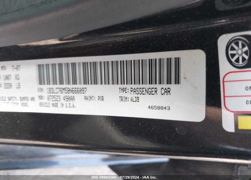 2008 DODGE AVENGER R/T VIN: 1B3LC76M58N666097