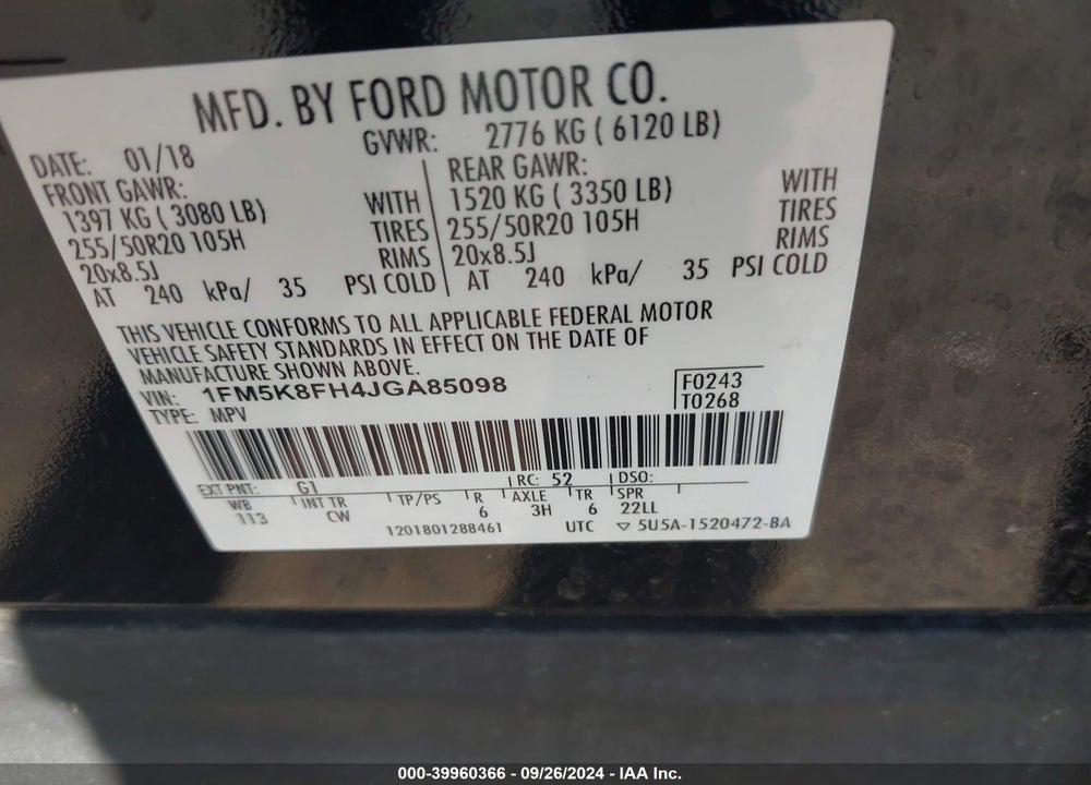 2018 FORD EXPLORER LIMITED VIN: 1FM5K8FH4JGA85098