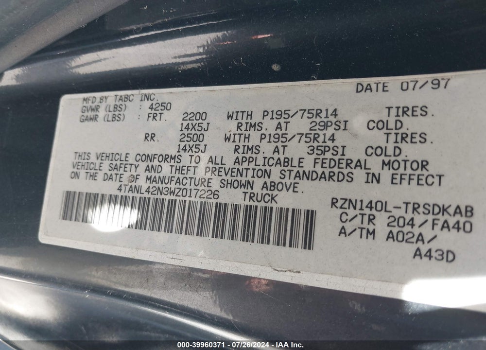1998 TOYOTA TACOMA VIN: 4TANL42N3WZ017226