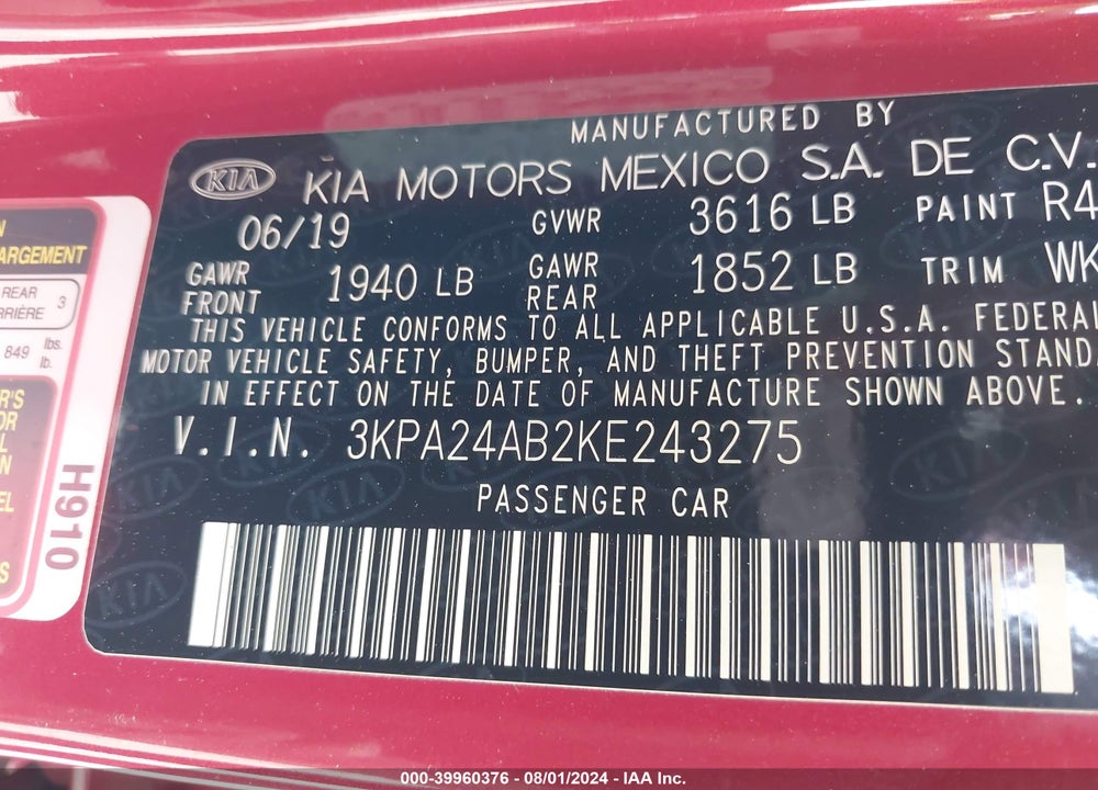 2019 KIA RIO S VIN: 3KPA24AB2KE243275