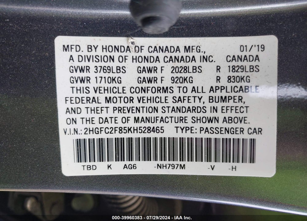 2019 HONDA CIVIC SPORT VIN: 2HGFC2F85KH528465