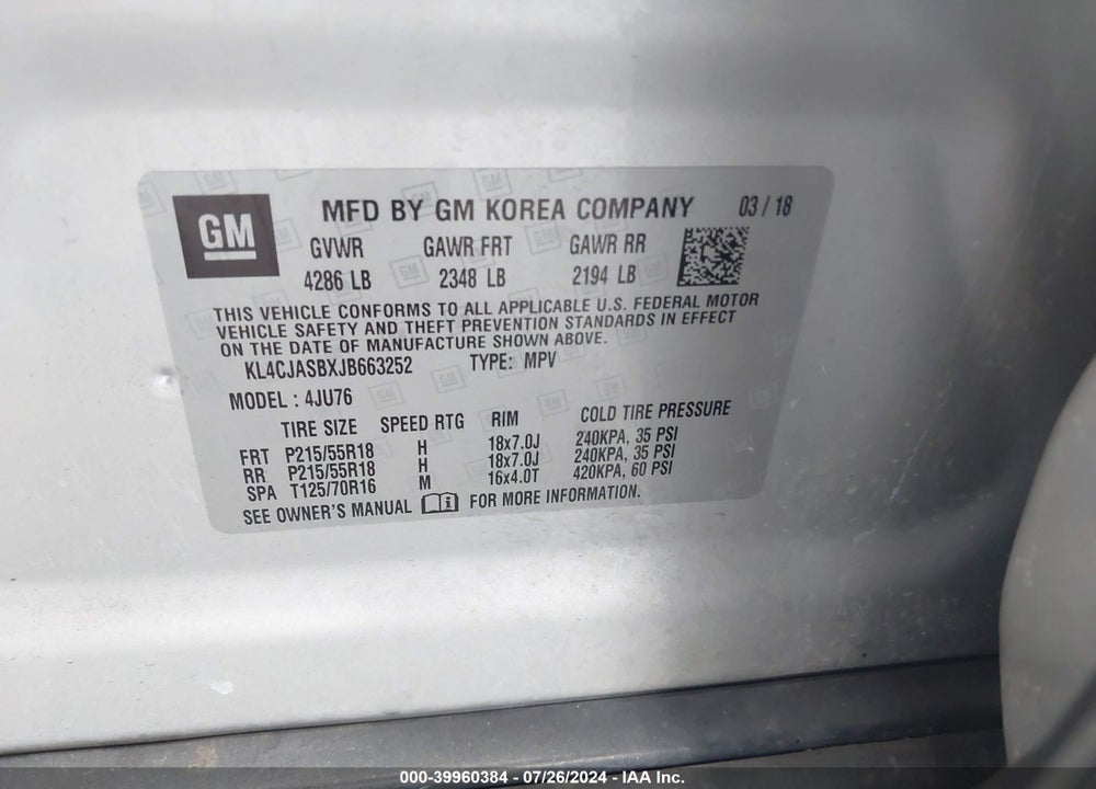 2018 BUICK ENCORE VIN: KL4CJASBXJB663252